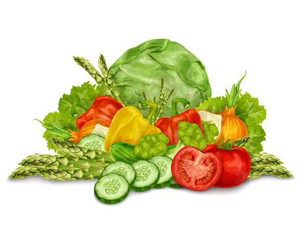 سبزیجات ترکیبی از مواد غذایی طبیعی و سبزیجات را که روی تصویر زمینه تصویر زمینه سفید است مخلوط می کنند