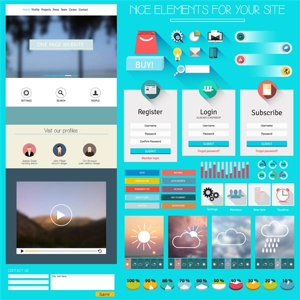مجموعه ای برای طراحی وب سایت الگوهای وب سایت یک صفحه ای کیت UI تخت برای طراحی رابط کاربر وب و موبایل و نمادهای طراحی مسطح عناصر صفحه وب سایت