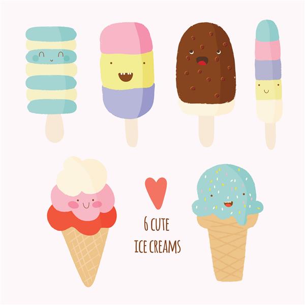مجموعه ای از بستنی های کشیده دستی شخصیت های کارتونی بستنی دودل های شاد و سرگرم کننده برای بچه ها
