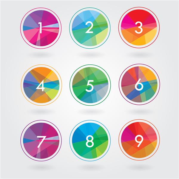 عناصر آیکون گرد رنگارنگ انتزاعی مدرن با اعداد در الگوی هندسی مثلث چند ضلعی - اشکال طراحی کسب و کار