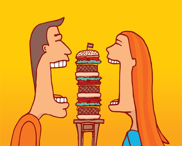 تصویر کارتونی از زن و شوهر مشترک یک همبرگر بزرگ با دهان بزرگ