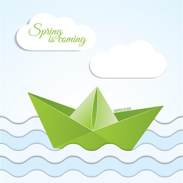 وکتور نماد قایق اریگامی کاغذی در پس زمینه بهار همراه با ابر و موج بهار نامه می آید