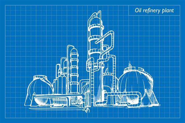 کارخانه پالایش نفت تصویر وکتور به تقلید از طرح و نقشه نویسی با نشانگر سفید