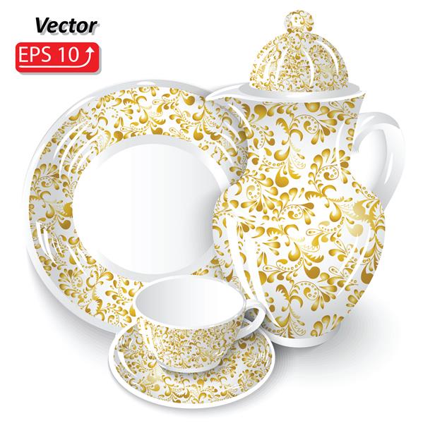 ظروف سفید گل طلای زرد را با چای شکلات قهوه فنجان پارچ قابلمه قهوه بشقاب جدا شده روی تصویر زمینه تصویر سفید
