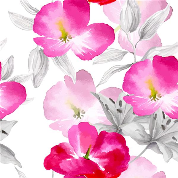 گلهای آبرنگ الگوی یکپارچه هستند رنگهای روشن عناصر گیاه شناسی آبرنگ