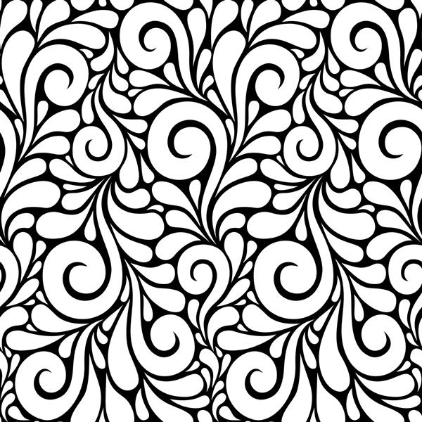 وکتور الگوی بدون درز گل با اشکال چرخشی زمینه سیاه و سفید تصویر تزئینی برای چاپ وب