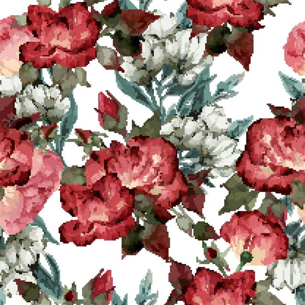 الگوی گل یکپارچه با گل رز آبرنگ تصویر برداری