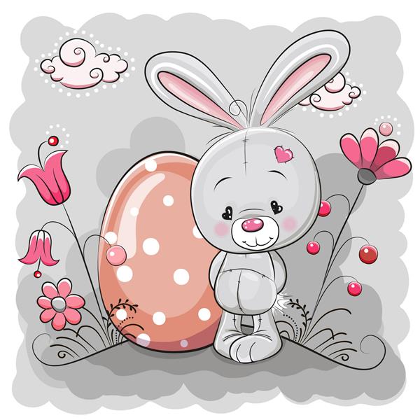خرگوش کارتونی ناز روی چمن زار با تخم مرغ