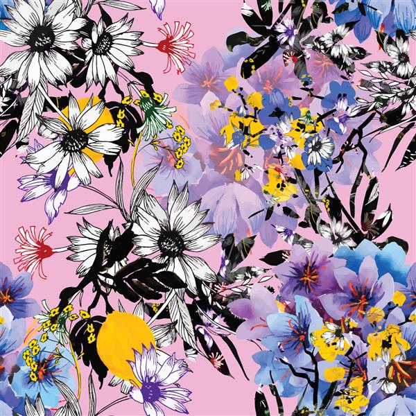 گل های رنگارنگ آبرنگ باغ الگوی بی نقص بر روی تصویر زمینه رنگ صورتی