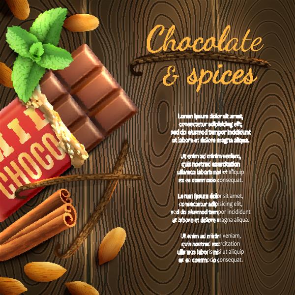 شکلات واقع بینانه با آجیل و ادویه جات در تصویر زمینه وکتور چوبی