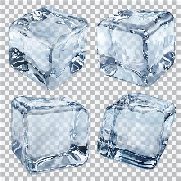مجموعه ای از چهار مکعب یخ شفاف در رنگ های آبی روشن