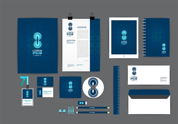الگوی هویت سازمانی آبی و دایره ای برای مشاغل شما شامل جلد سی دی کارت ویزیت پوشه خط کش پاکت نامه و طرح نامه