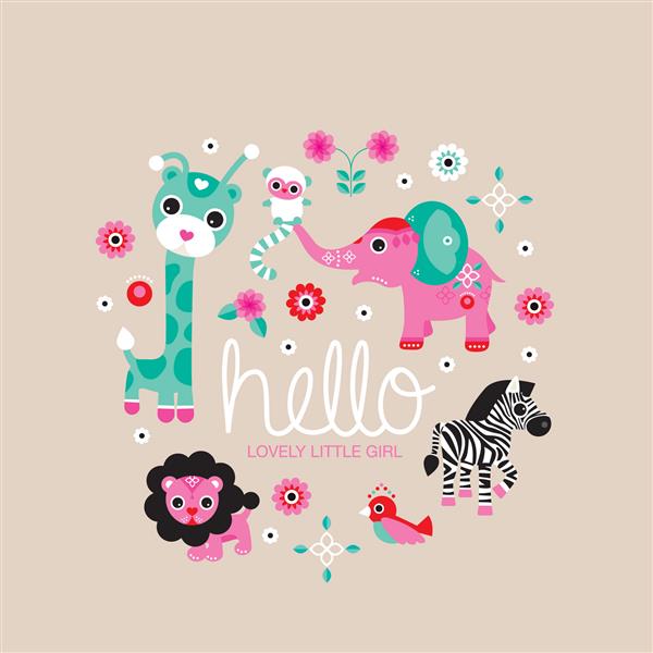 سلام دختر بچه باغ وحش و حیوانات جنگل طرح جلد کارت پستال برای دختران نوزاد اعلامیه یا دعوتنامه تازه متولد شده