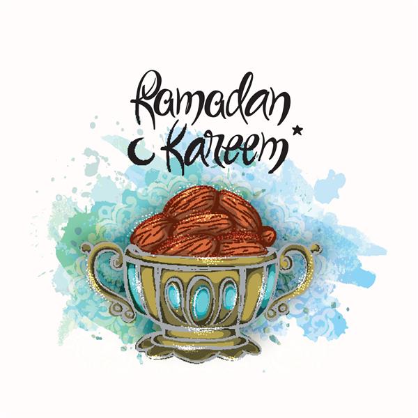 ماه مبارک اسلامی نماز رمضان کریم مفهوم مهمانی افطار با خرما در زمینه چلپ چلوپ رنگ آبی