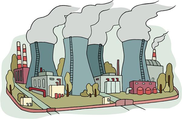 طرح صنعتی نیروگاه هسته ای کارخانه دودل با لوله های گیاهان سیگار کشیدن تصویر دستی رنگی برای طراحی کسب و کار جدا شده بر روی سفید