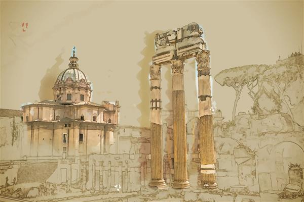 خرابه های انجمن رومی در رم ایتالیا رم سومین شهر پربازدید اتحادیه اروپا است تصویر زمینه سفر نقاشی با آبرنگ و مداد آثار هنری مسواک زده شده قالب برداری