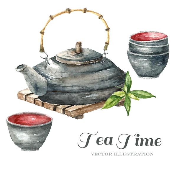 قوری آبرنگ روی میز چای دو فنجان چای و چای سبز مراسم رسم چای ژاپنی که روی زمینه سفید کشیده شده است تصاویر برداری