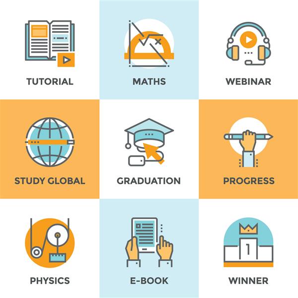 آیکون های خط تنظیم شده با عناصر طراحی مسطح پیشرفت آموزش مطالعه جهانی یادگیری کتاب الکترونیکی دوره صوتی وبینار پایه برنده فیزیک و ریاضیات یاد می گیرند مفهوم مجموعه وکتور پیکتوگرام مدرن