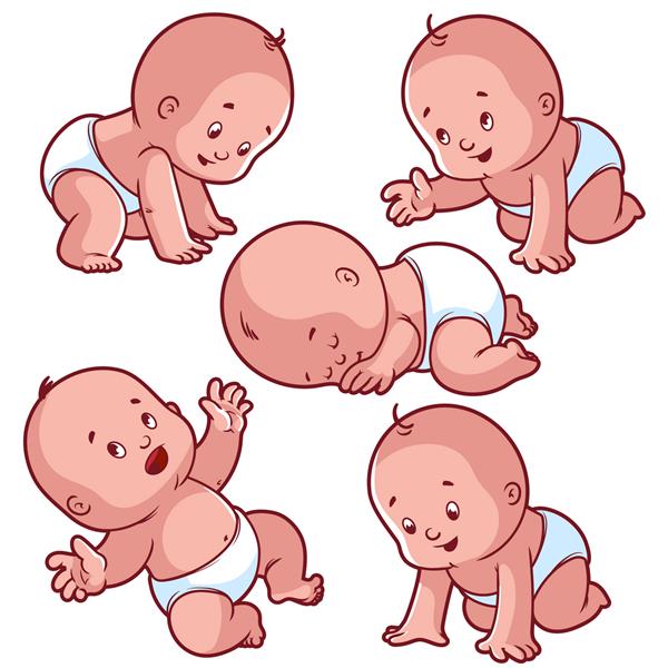 ست کودک نوپای کودک با نوزادان پوشک سفید کودک خزنده کودک خوابیده و کودک خوشحال وکتور شخصیت کارتونی که روی زمینه سفید قرار دارد