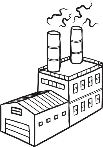 کارخانه صنعتی وکتور و تصویر کارتونی سیاه و سفید طراحی شده با دست سبک طرح جدا شده در پس زمینه سفید