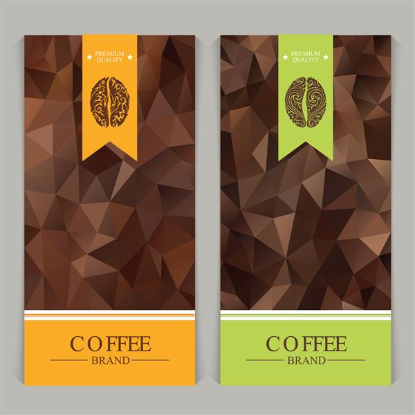 مجموعه وکتور الگوهای بسته بندی قهوه برچسب بنر پوستر هویت مارک تجاری پس زمینه انتزاعی رنگ با عناصر طراحی زینتی - دانه قهوه