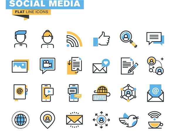 بسته آیکون های مسطح مد روز برای طراحان و توسعه دهندگان نمادهایی برای رسانه های اجتماعی شبکه های اجتماعی ارتباطات بازاریابی دیجیتال برای وب سایت ها و وب سایت ها و برنامه های تلفن همراه