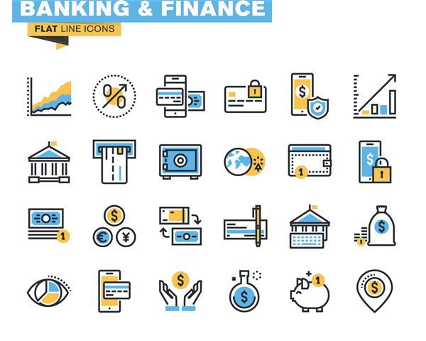 بسته آیکون های مسطح مد روز برای طراحان و توسعه دهندگان نمادهای بانکی مالی پرداخت آنلاین بانکداری m پس انداز امنیت پرداخت اینترنتی وب سایت ها و وب سایت ها و برنامه های تلفن همراه