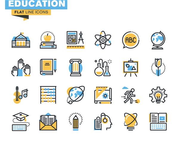 مجموعه آیکون های مسطح روند آموزش آموزش آنلاین کتاب الکترونیکی دوره صوتی وبینار آموزش از راه دور تحصیلات مقدماتی و مقدماتی علوم روند خلاقیت دانشگاه و دوره ها