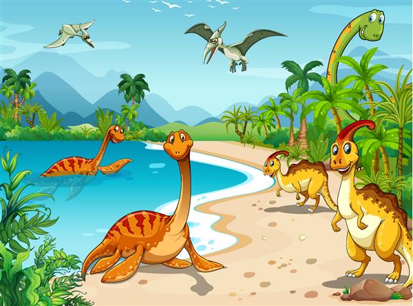 دایناسورهایی که در تصویر ساحلی زندگی می کنند