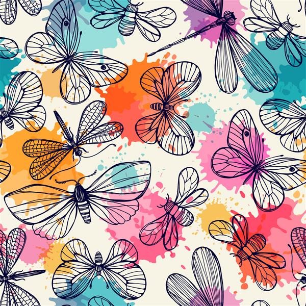 الگوی یکپارچه با پروانه ها و سنجاقک ها نقاشی آزاد