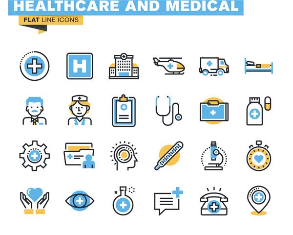 مجموعه آیکون های مسطح تم پزشکی و بهداشتی خدمات پزشکی تشخیص و درمان آزمایشگاه کلینیک و بیمارستان مفهوم وکتور برای طراحی گرافیک و وب