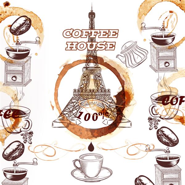 پس زمینه وکتور قهوه با لیوان های برج ایفل که توسط دست کشیده شده است لکه های آسیاب قهوه و دانه های بو داده پوستر یا منوی تبلیغاتی برای قهوه خانه یا کافه