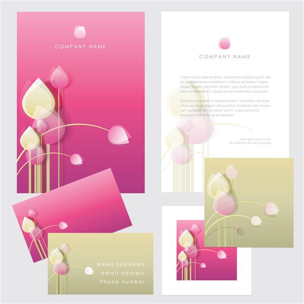 مجموعه نام تجاری هویت بصری شرکت جلد بروشور سربرگ کارت های بازرگانی و الگوهای پیشنهاد ویژه در موضوع گل با لاله های انتزاعی