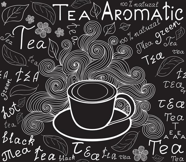 مواد غذایی و نوشیدنی بی پایان با فنجان چای برگ های چای و کلمات چای دست نوشته شده توسط گچ روی تخته خاکستری بردار