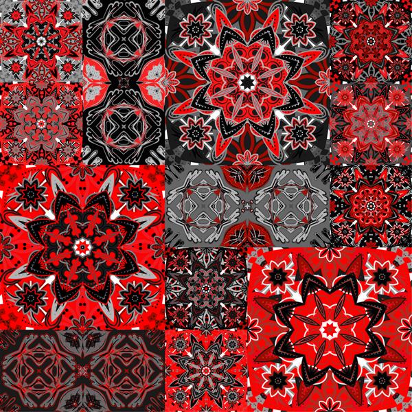 الگوی تکه تکه گل بدون درز مجموعه وکتور زمینه های شطرنجی بافت های انتزاعی با کاشی به سبک مشرق پس زمینه سیاه و سفید قرمز