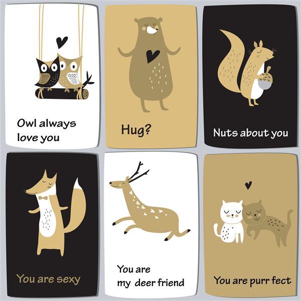 کارت های ولنتاین زیبا با حیوانات خنده دار در مجموعه برداری