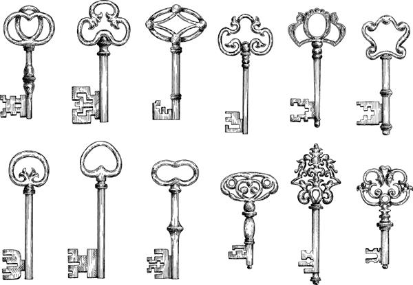 کلیدهای باستانی طرح های حکاکی جذاب با کمان های تزئین شده توسط شکوفه های ویکتوریا curlicues و twirls ممکن است به عنوان خال کوبی طراحی تزئین قرون وسطایی یا مضامین ایمنی استفاده شود