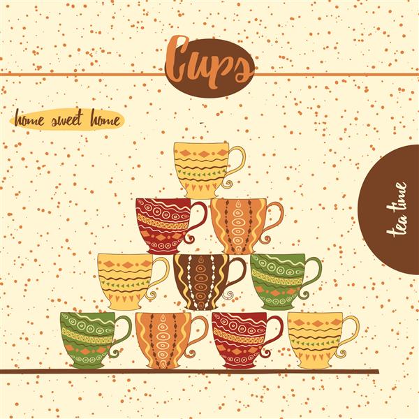 فنجان های چای طرح دار زیبا برای طراحی منو یا الگوی وب لیوان های رنگی دستی با تزئین هندسی شکل هرمی