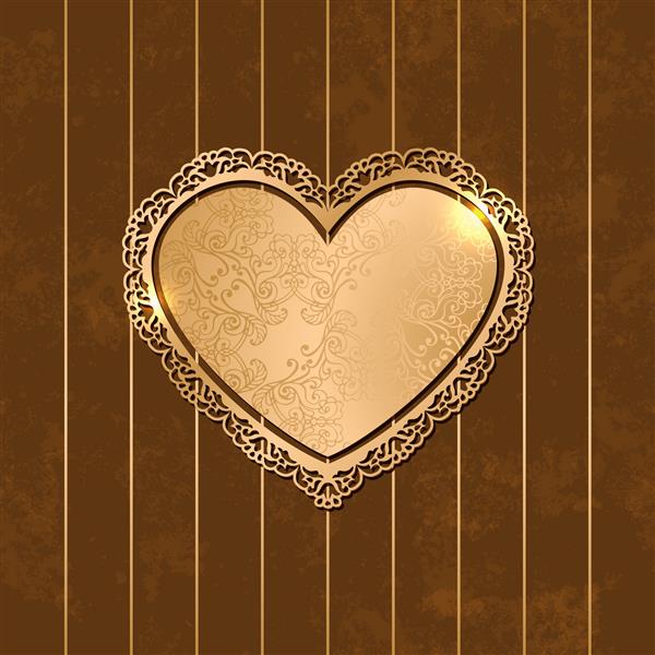 قاب طلایی تزئینی قدیمی به شکل قلب در زمینه قهوه ای راه راه قلب انتزاعی با حاشیه های زینتی الگوی لوکس برای طراحی شما تصویر وکتور