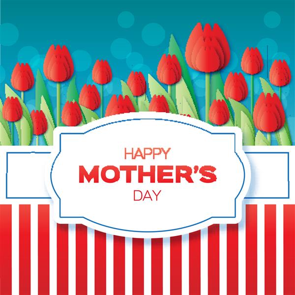 کارت پستال قرمز گل روز جهانی مبارک مادران با دسته ای از لاله های بهاری پس زمینه تعطیلات راه گل دسته گل زیبا الگوی طراحی مرسوم مد روز تصویر برداری