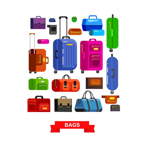 کیف های مسافرتی در رنگ های متنوع چمدان و کیف چمدان که روی زمینه سفید قرار دارد