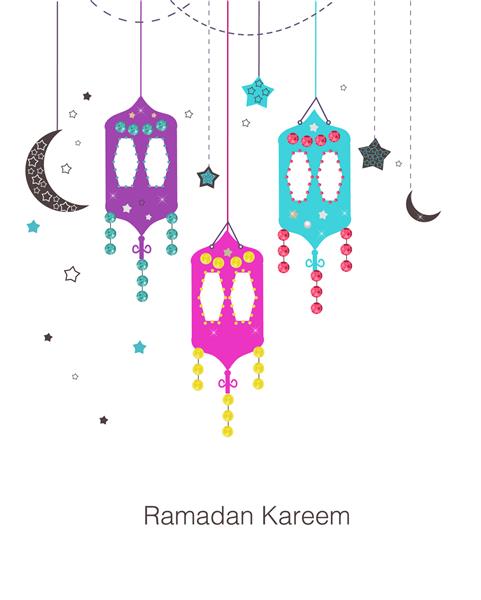 کریمان کریم با لامپ های رنگارنگ هلال و ستاره فانوس سنتی وکتور کارت تبریک ماه رمضان