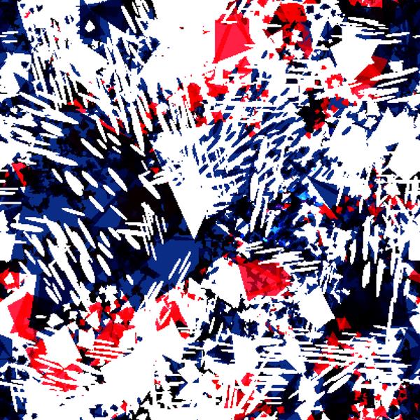 قرمز آبی سیاه و سفید لکه ها عناصر مثلثی ذرات بی شکل بیضی های تحریف شده الگوی وکتور بدون درز کنتراست انتزاعی