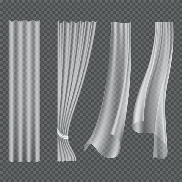 پرده های متلاطم سفید شفاف مجموعه وکتور تزئینات پنجره آویزان پارچه موج منحنی تصویر پرده ای جدا شده