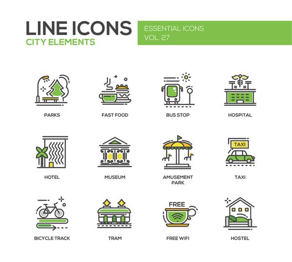 مجموعه ای از آیکون ها و تصاویر مدرن طراحی خط وکتور مدرن ساختمانها و عناصر شهر هتل ایستگاه اتوبوس موزه تاکسی پیست دوچرخه سواری منطقه wifi هاستل تراموا بیمارستان فست فود پارک ها پارک تفریحی