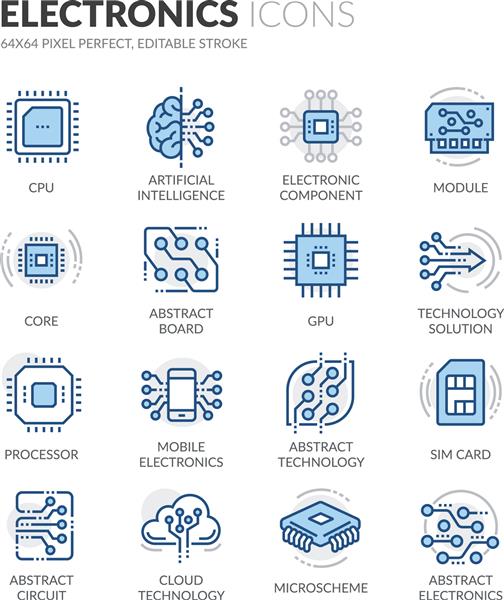 مجموعه ای ساده از نمادهای خط وکتور رنگی مربوط به الکترونیک دارای نمادهایی مانند CPU هوش مصنوعی سیم کارت و موارد دیگر است سکته مغزی قابل ویرایش