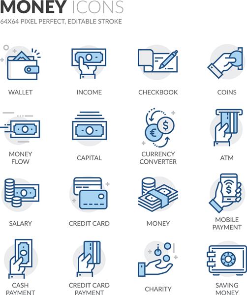 مجموعه ای ساده از نمادهای خط وکتور رنگی مرتبط با پول دارای نمادهایی مانند کیف پول پرداخت کارت اعتباری جریان پول و موارد دیگر است سکته مغزی قابل ویرایش
