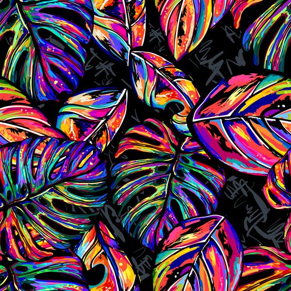 الگوی وکتور یکپارچه گرمسیری در مد پالت رنگ روند چند رنگ خارق العاده دست کشیده زمینه سیاه دارد
