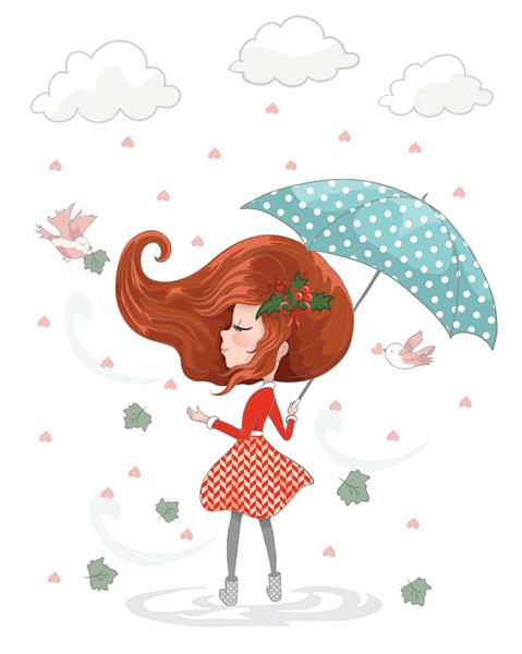 دختر ناز عاشقانه با چتر در باران