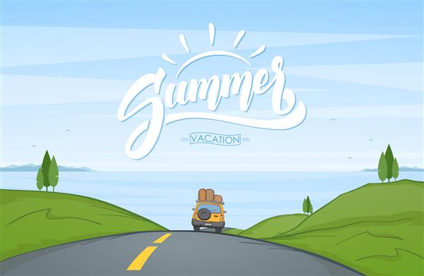 تصویر برداری منظره کارتون با ماشین سواری در جاده و حروف دستی تابستان